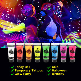 MEICOLY swatches glowing intensely under blacklight for dramatic UV effect
