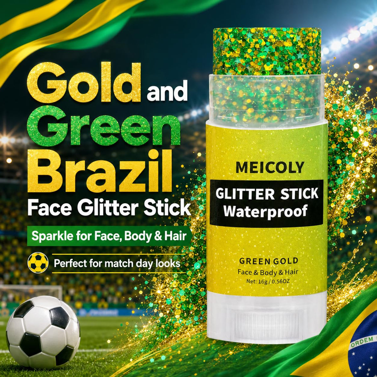 MEICOLY close-up texture of green and gold glitter blend showing high-shine effect