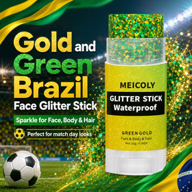MEICOLY close-up texture of green and gold glitter blend showing high-shine effect