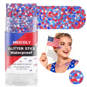 MEICOLY close-up texture showing red white blue star glitter for bold sparkle