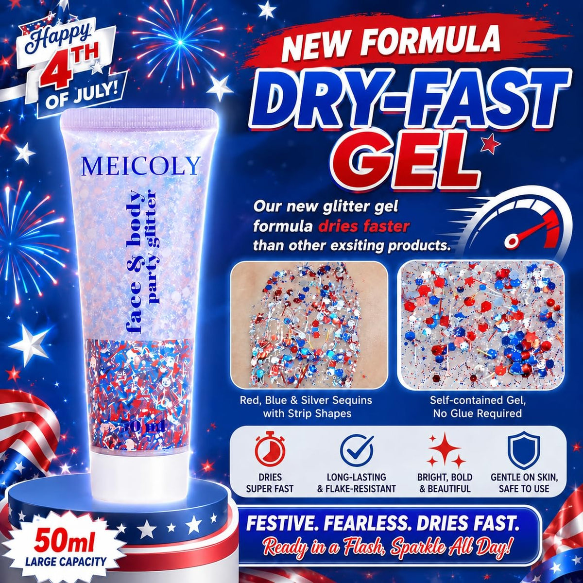 MEICOLY gel texture swirled on skin showing quick-dry, non-sticky finish