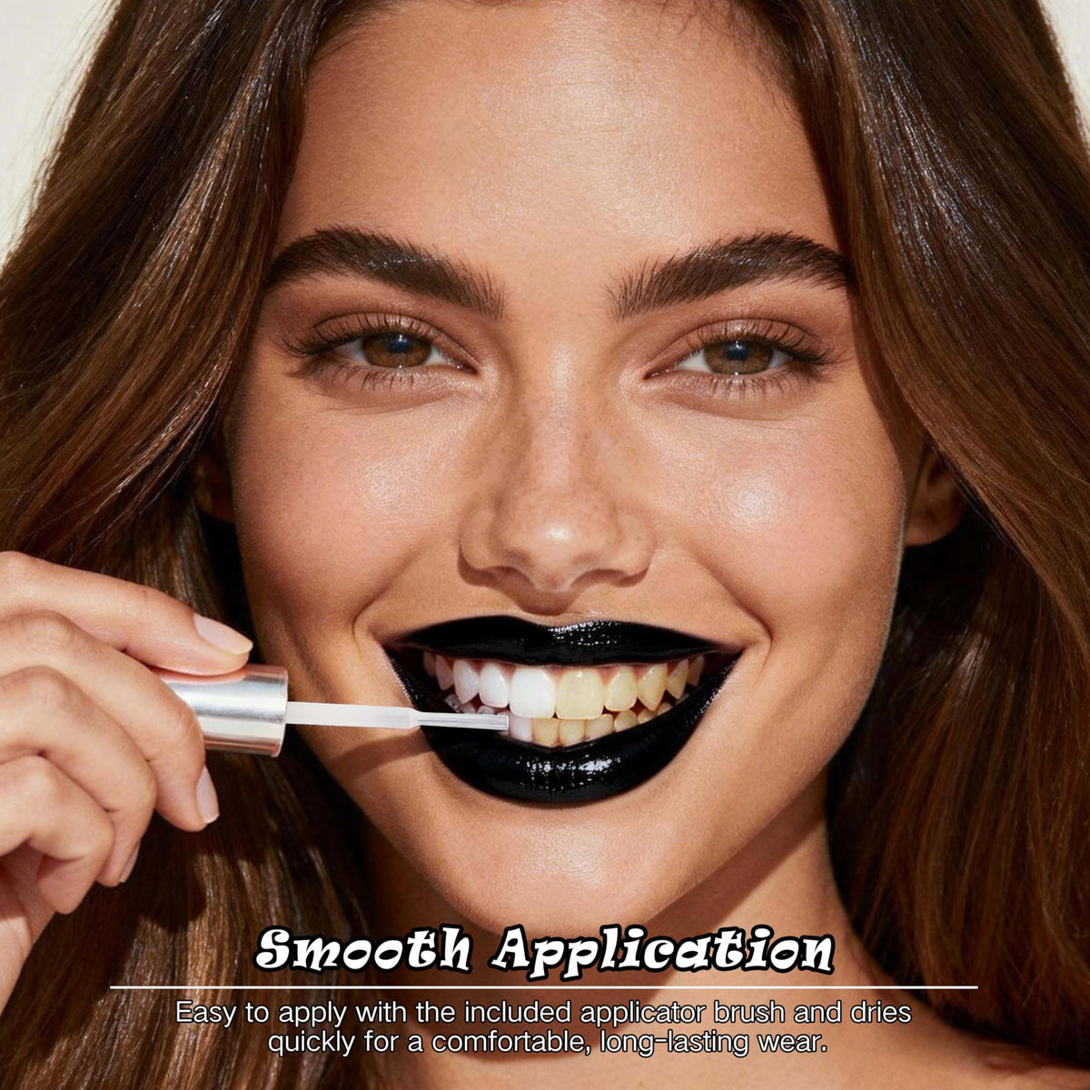 MEICOLY black tooth paint applied on front teeth for dramatic cosplay effect