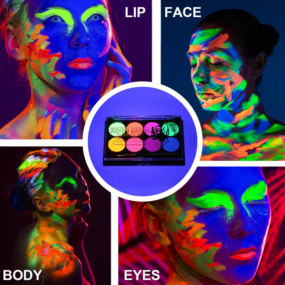 MEICOLY palette glowing under UV blacklight showcasing intense fluorescence