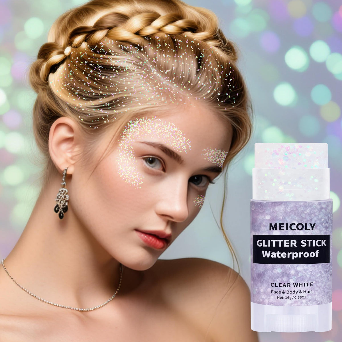 MEICOLY glitter with water droplets demonstrating waterproof wear and durability