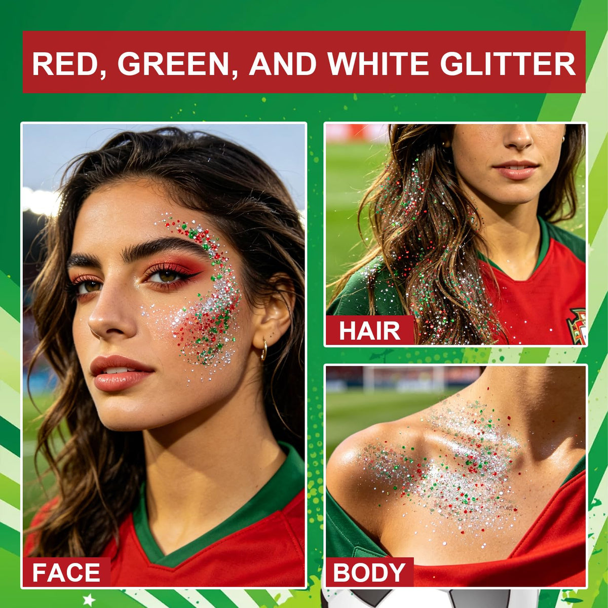 Model applying Meilury glitter stick to cheek in team colors benefit quick fan-ready look