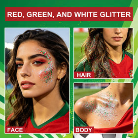 Model applying Meilury glitter stick to cheek in team colors benefit quick fan-ready look