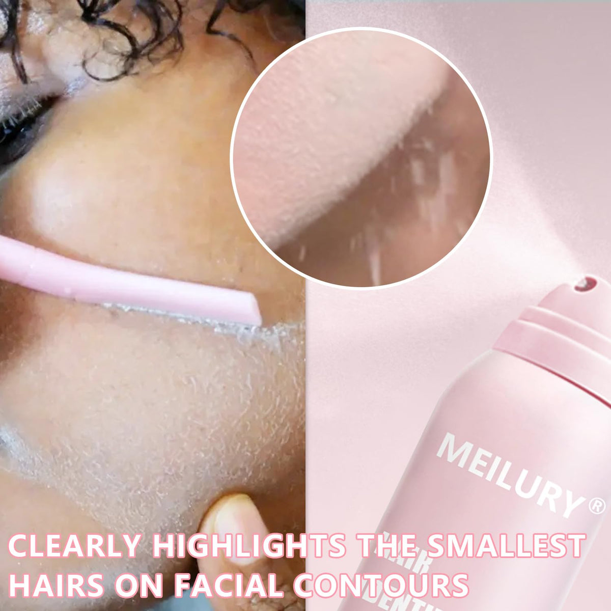Meilury nozzle close-up releasing fine mist to highlight peach fuzz easily