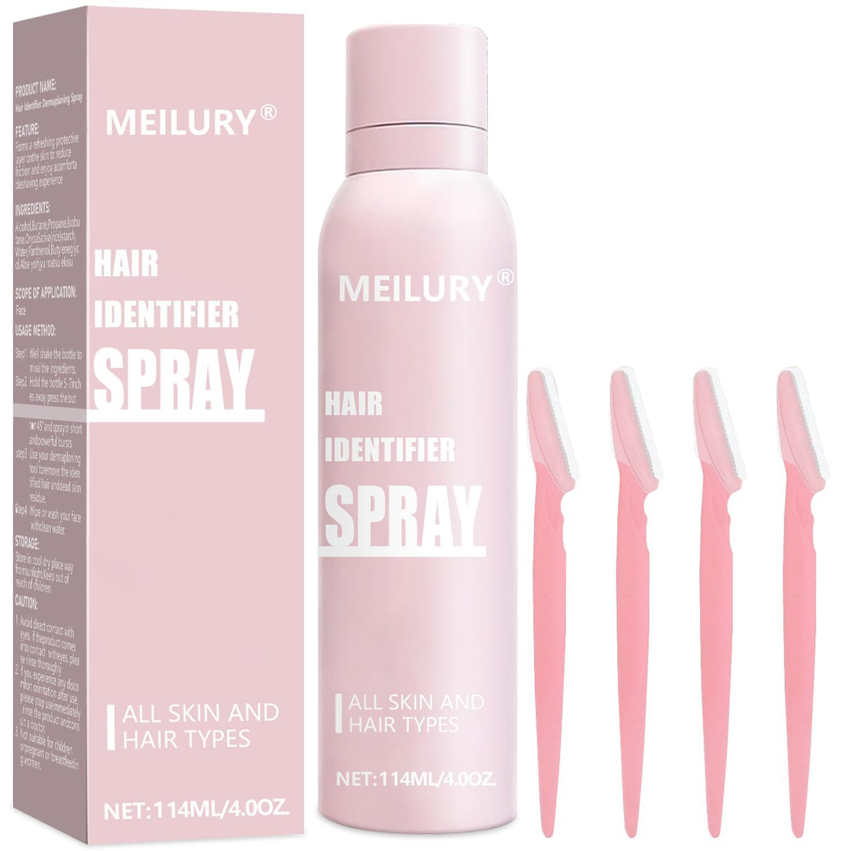 Meilury front packaging showing spray bottle and four razors for visible hair removal