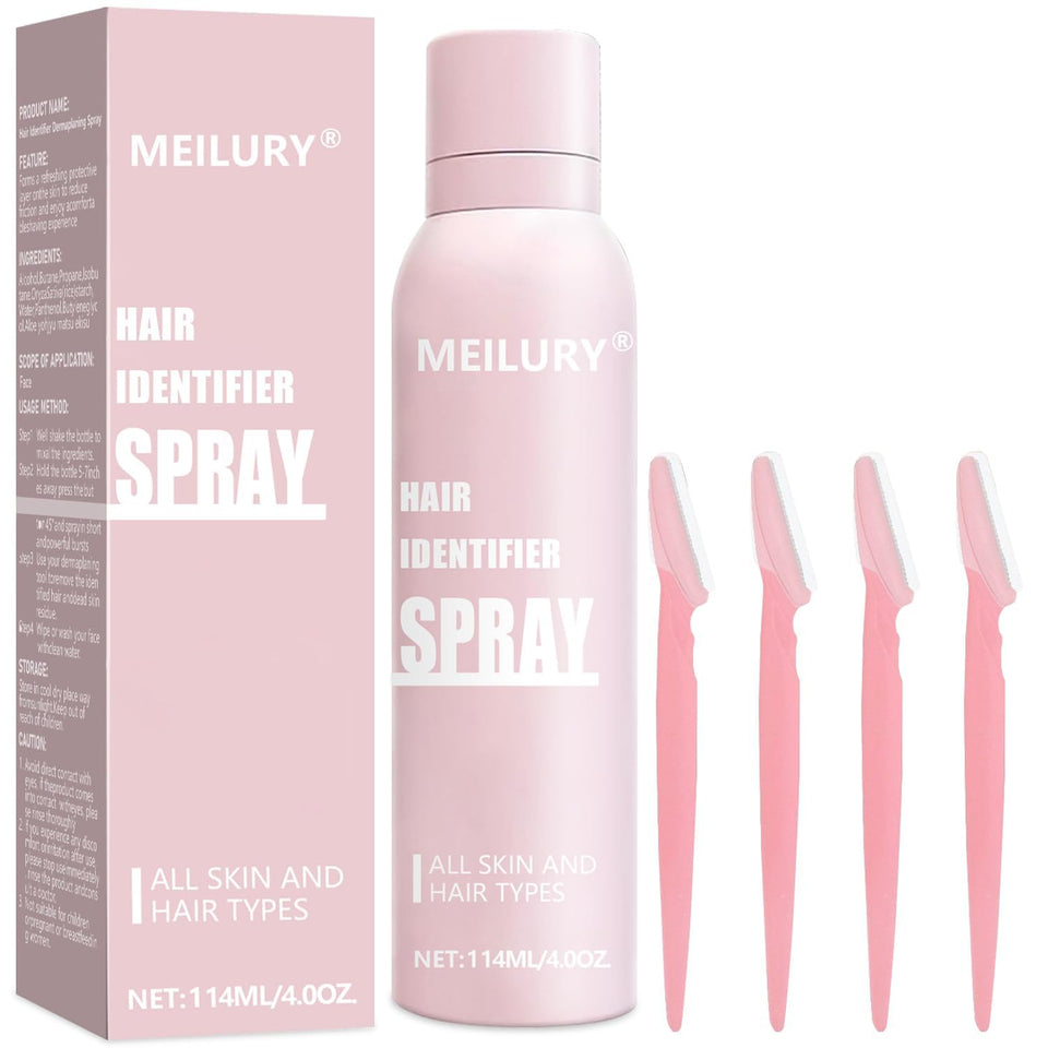 Meilury front packaging showing spray bottle and four razors for visible hair removal