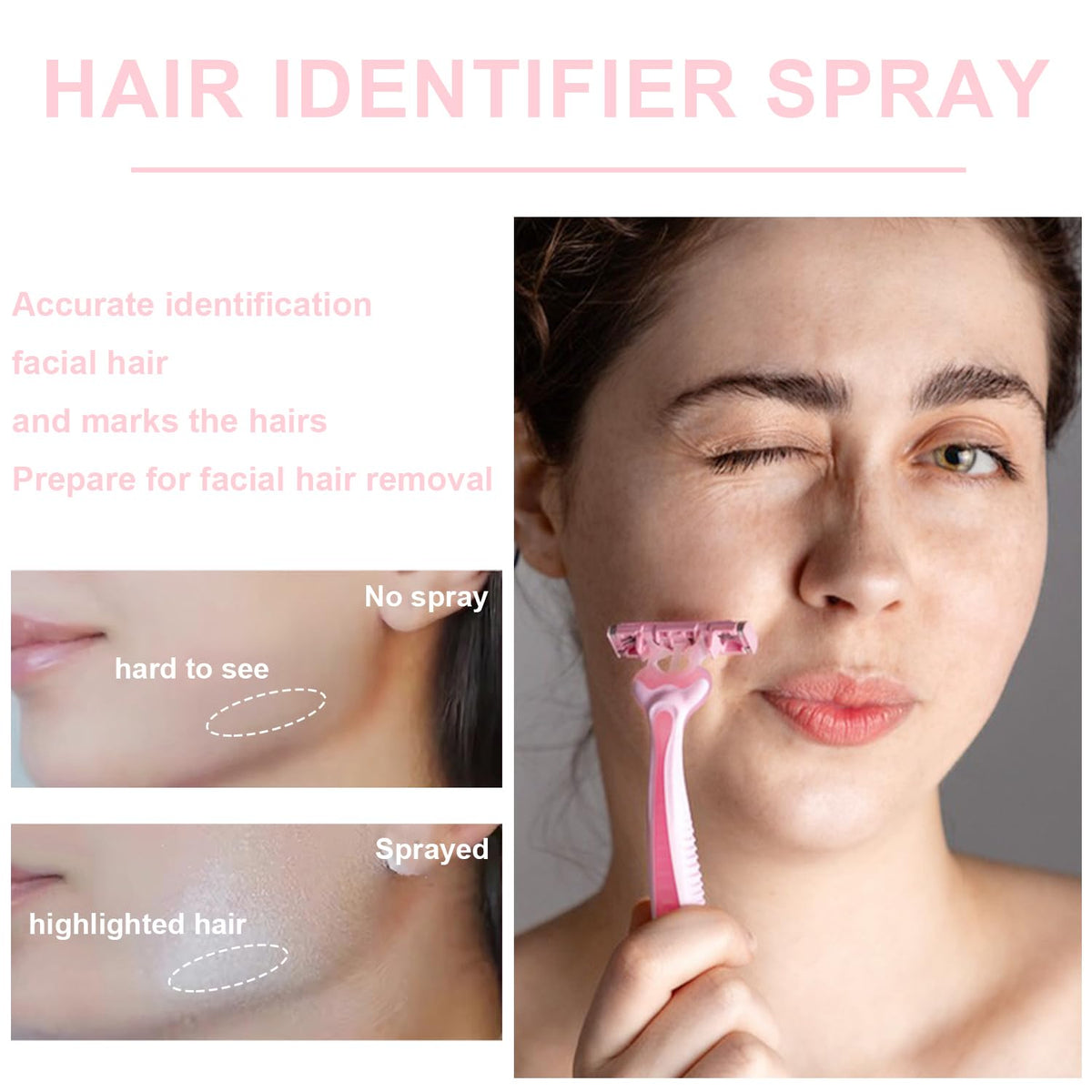 Meilury spray applied on cheek highlighting fine hairs for accurate removal