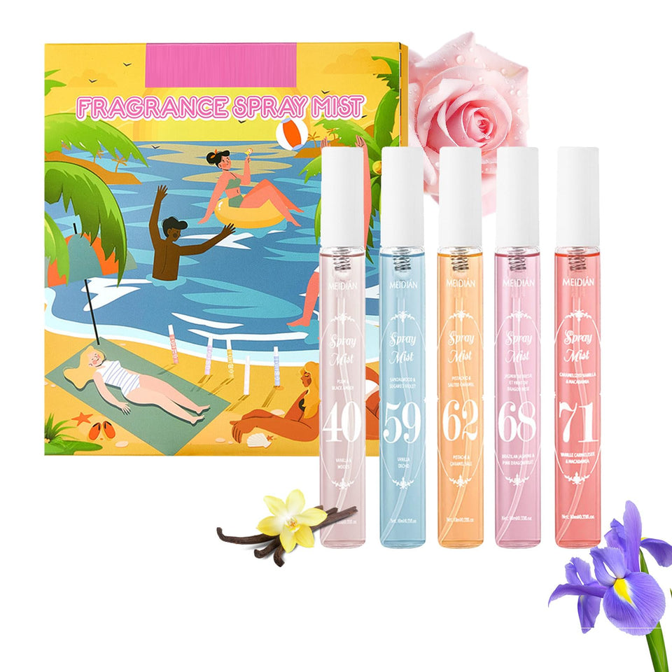 MeiPlumLai front packaging showing five mini perfume bottles, perfect gift