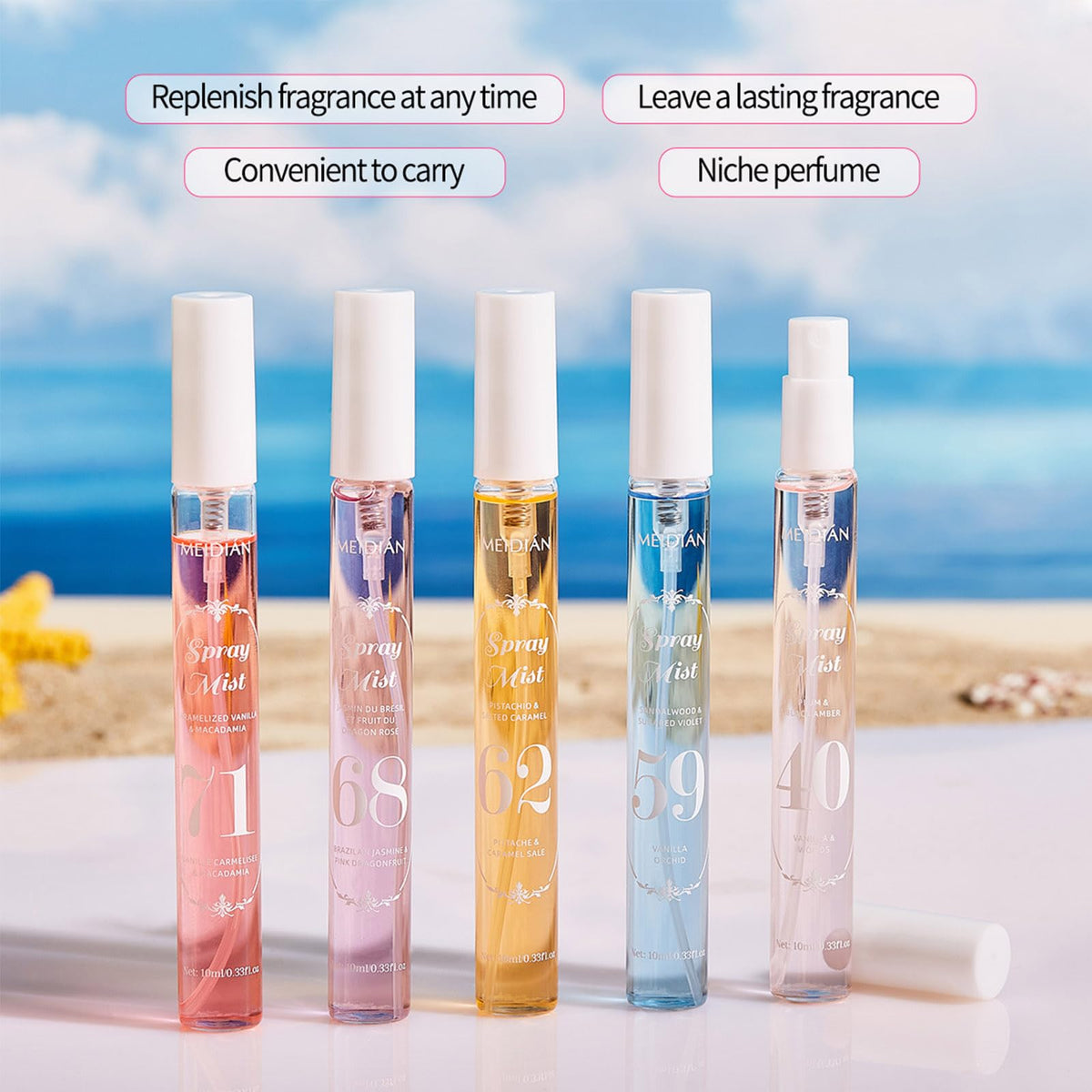 MeiPlumLai mist on skin demonstrating light, fresh scent lasting benefit