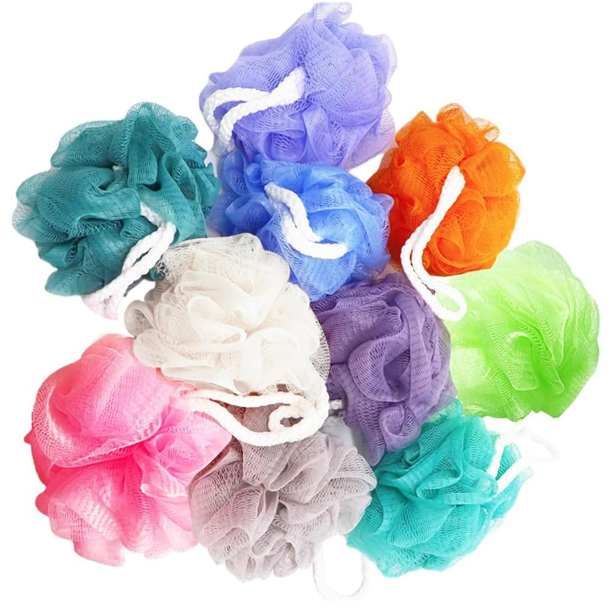 Meirrnyyu front view of 10-pack loofahs showing colors and compact size benefit