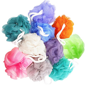 Meirrnyyu front view of 10-pack loofahs showing colors and compact size benefit