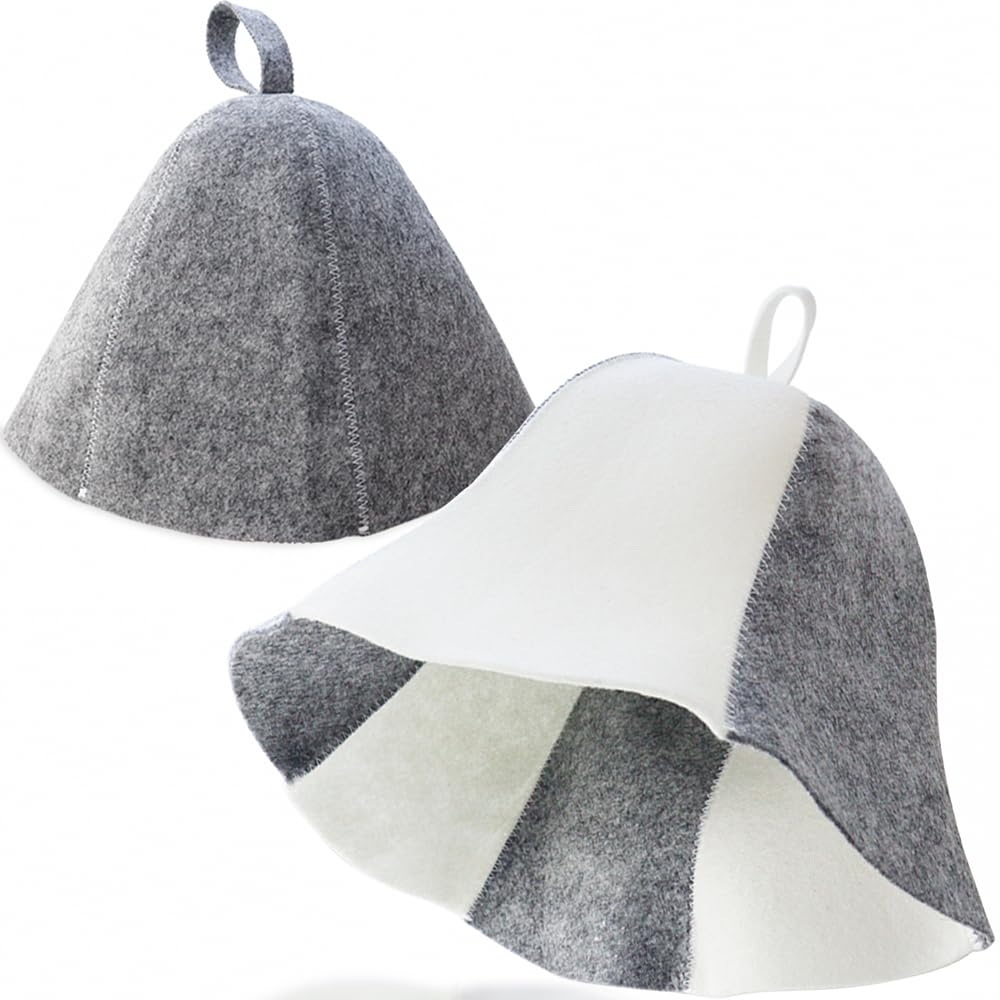 MEIYOUJU AM front view of two white sauna hats showing neat stitching and shape benefit: visible durability
