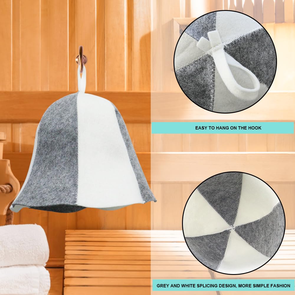 MEIYOUJU AM sauna hat worn in steam room conveying comfort benefit: cooler, longer sessions