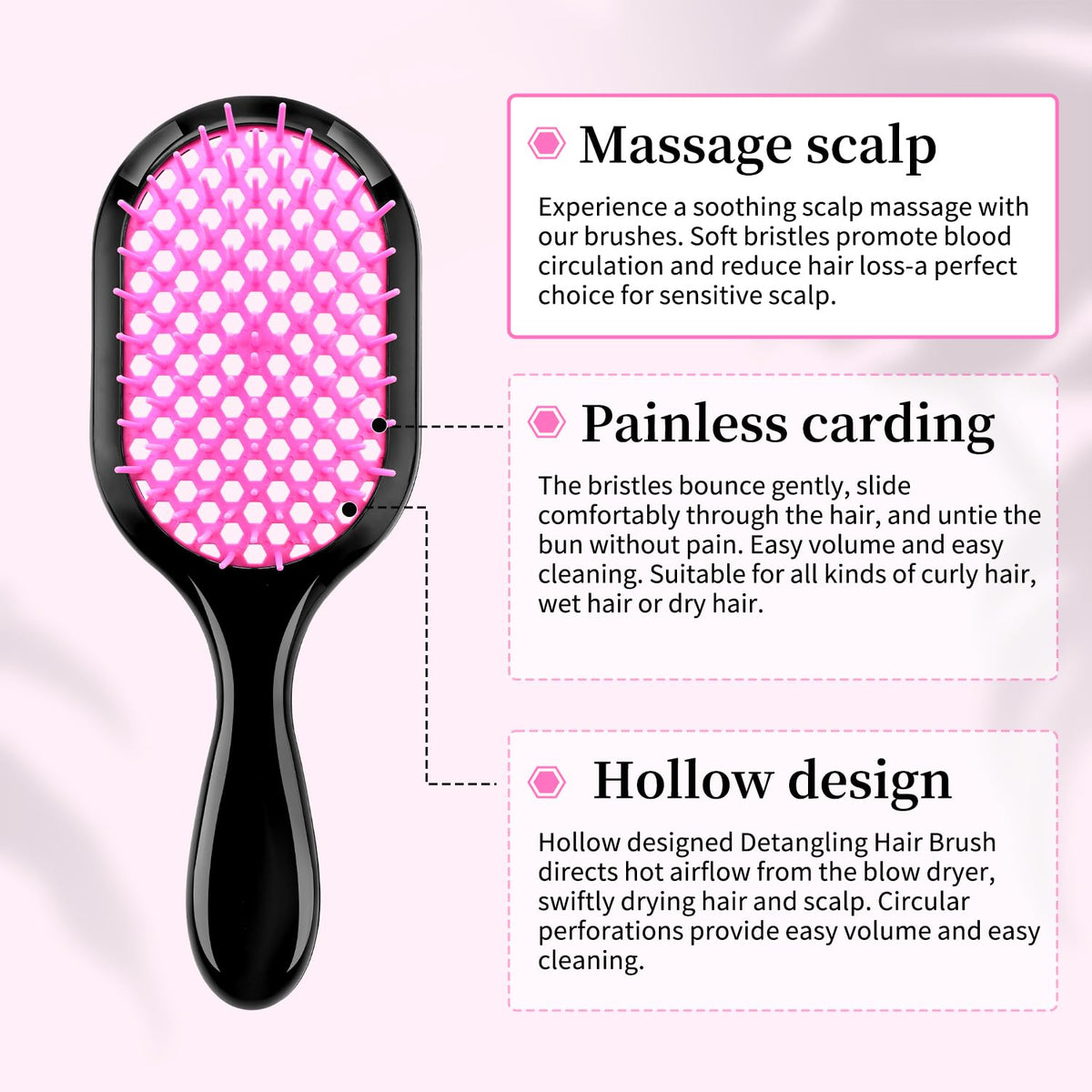 Mejglrc detangling brush bristle close-up highlighting flexible design, reduces breakage