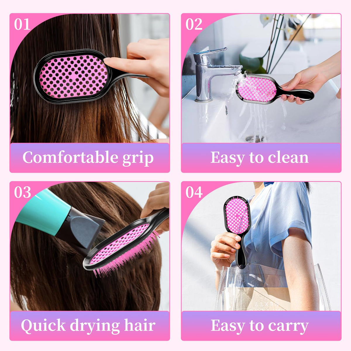 Mejglrc detangling brush vented side profile showing hollow airflow, speeds drying