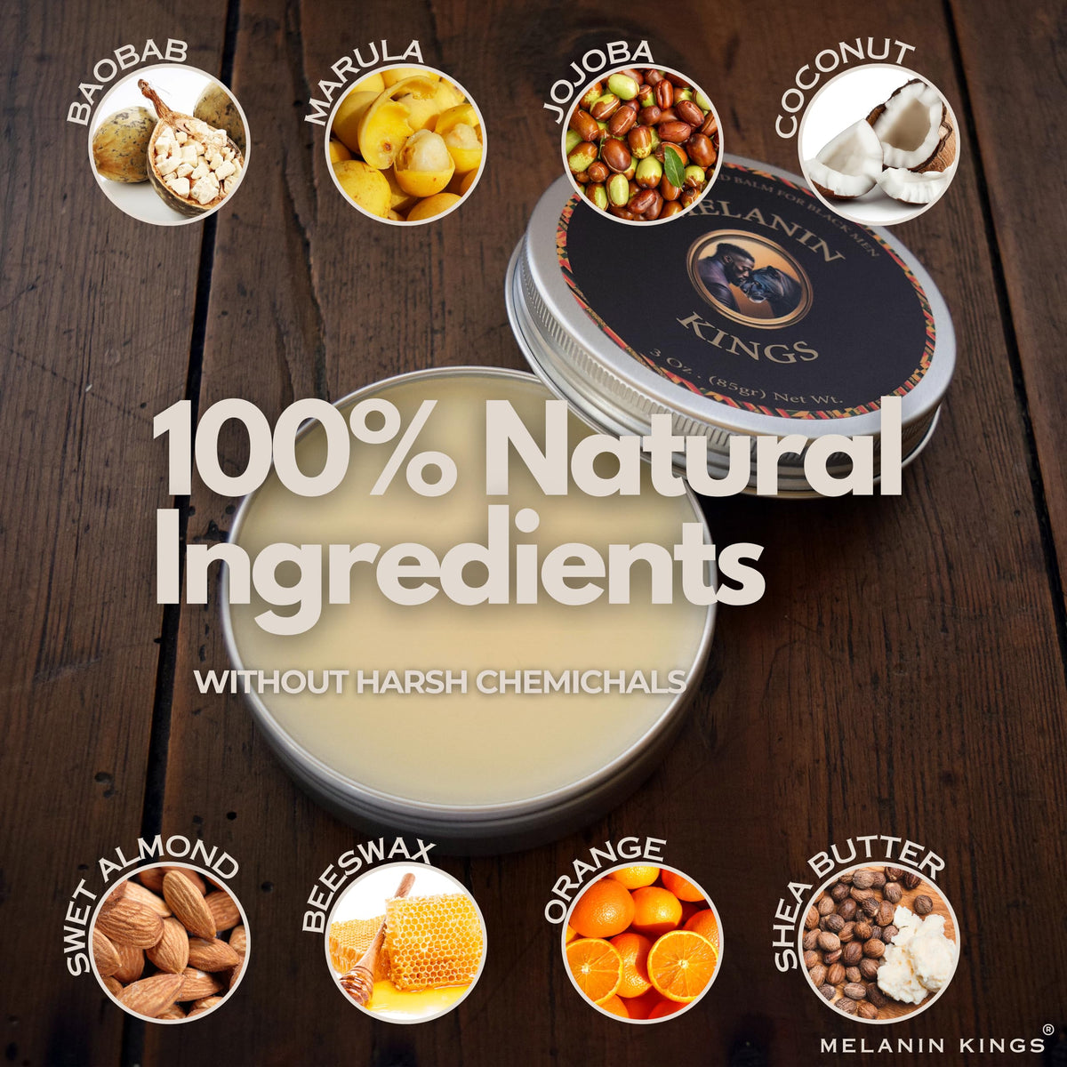 Melanin Kings ingredient display with baobab and shea illustrating natural nourishment