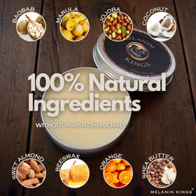 Melanin Kings ingredient display with baobab and shea illustrating natural nourishment