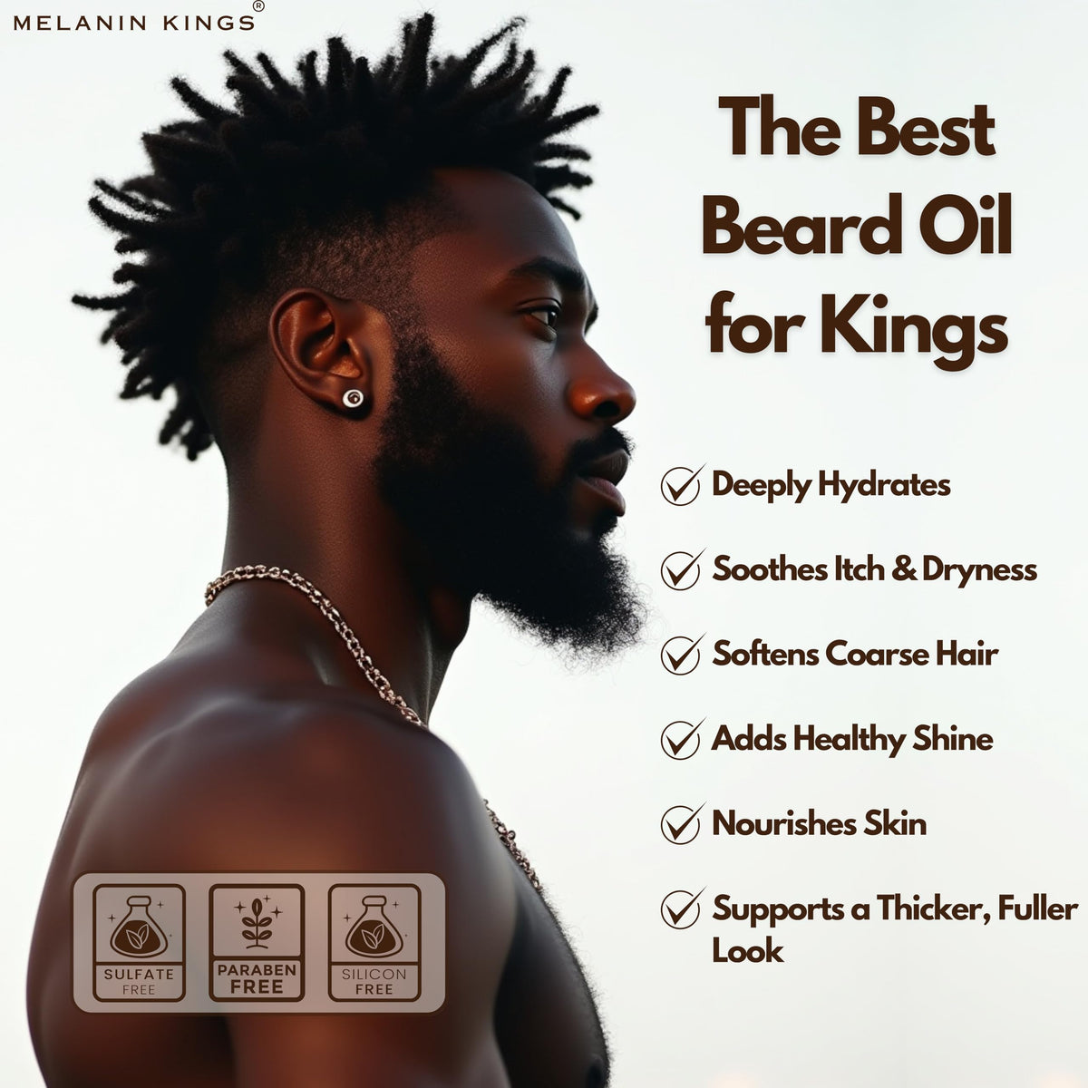 Melanin Kings bottle held in hand to show 2 fl oz scale and travel-friendly benefit