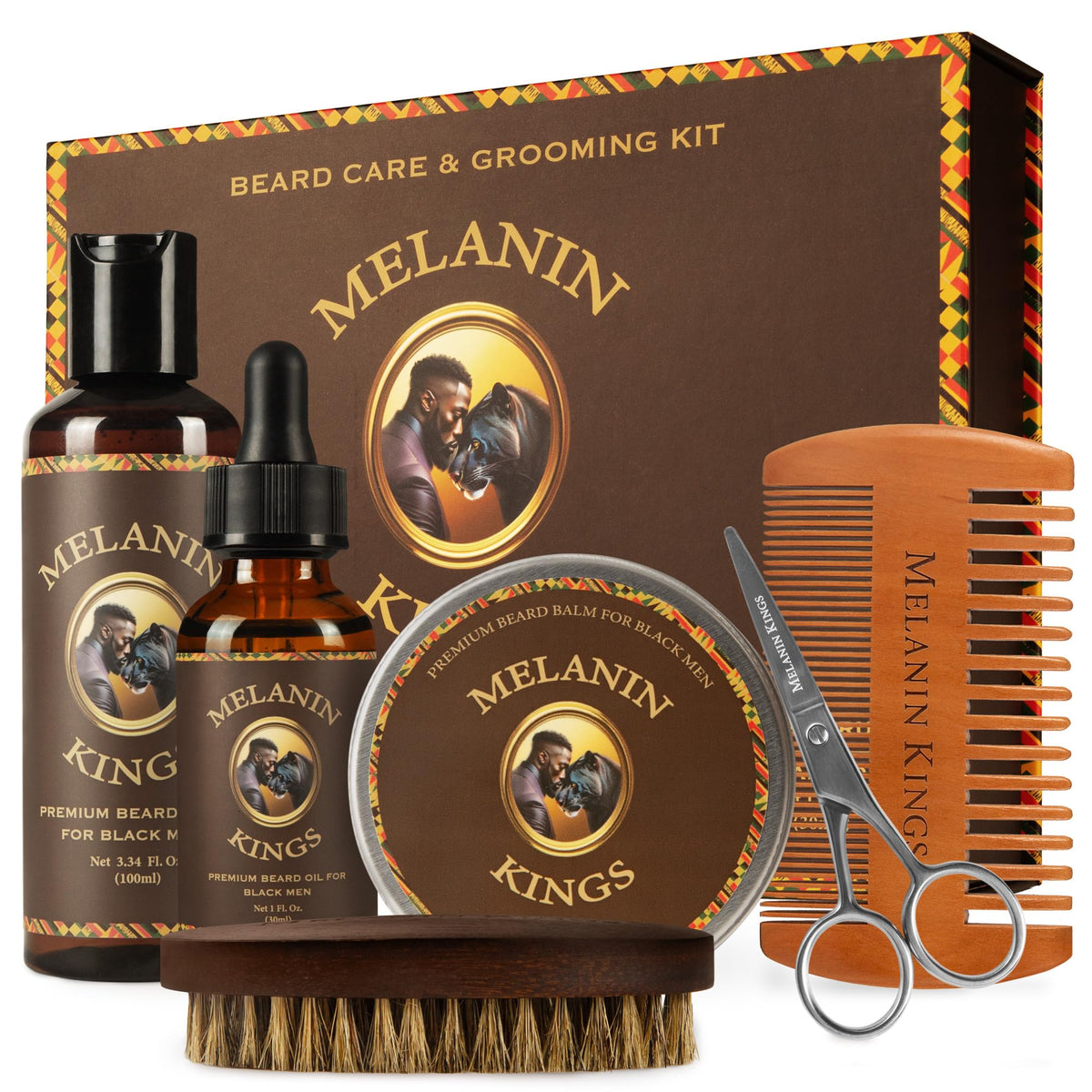 Melanin Kings front box display showing complete six-piece grooming set and presentation