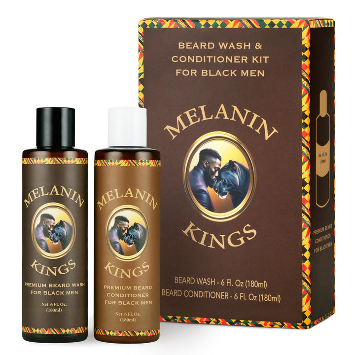 Melanin Kings front packaging showing beard wash and conditioner — clear product identity and benefits