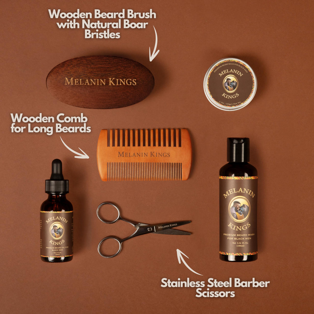 Melanin Kings wooden comb and boar-style brush pair for detangling and shine
