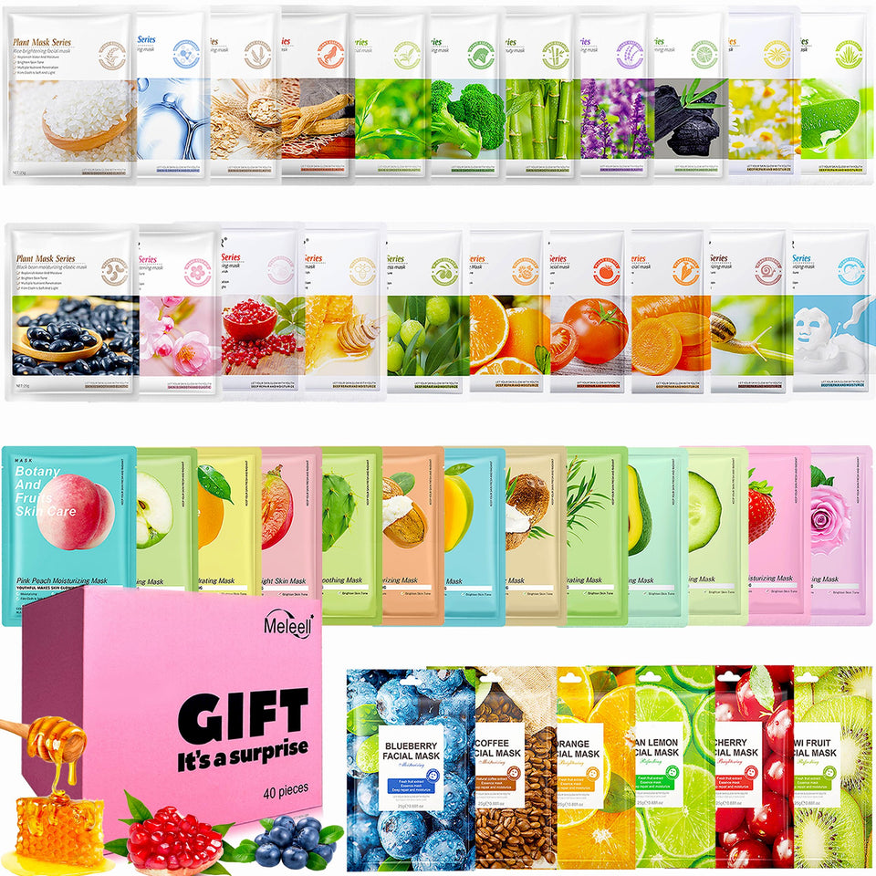 Meleell front packaging showing 40-mask bulk set and variety benefit