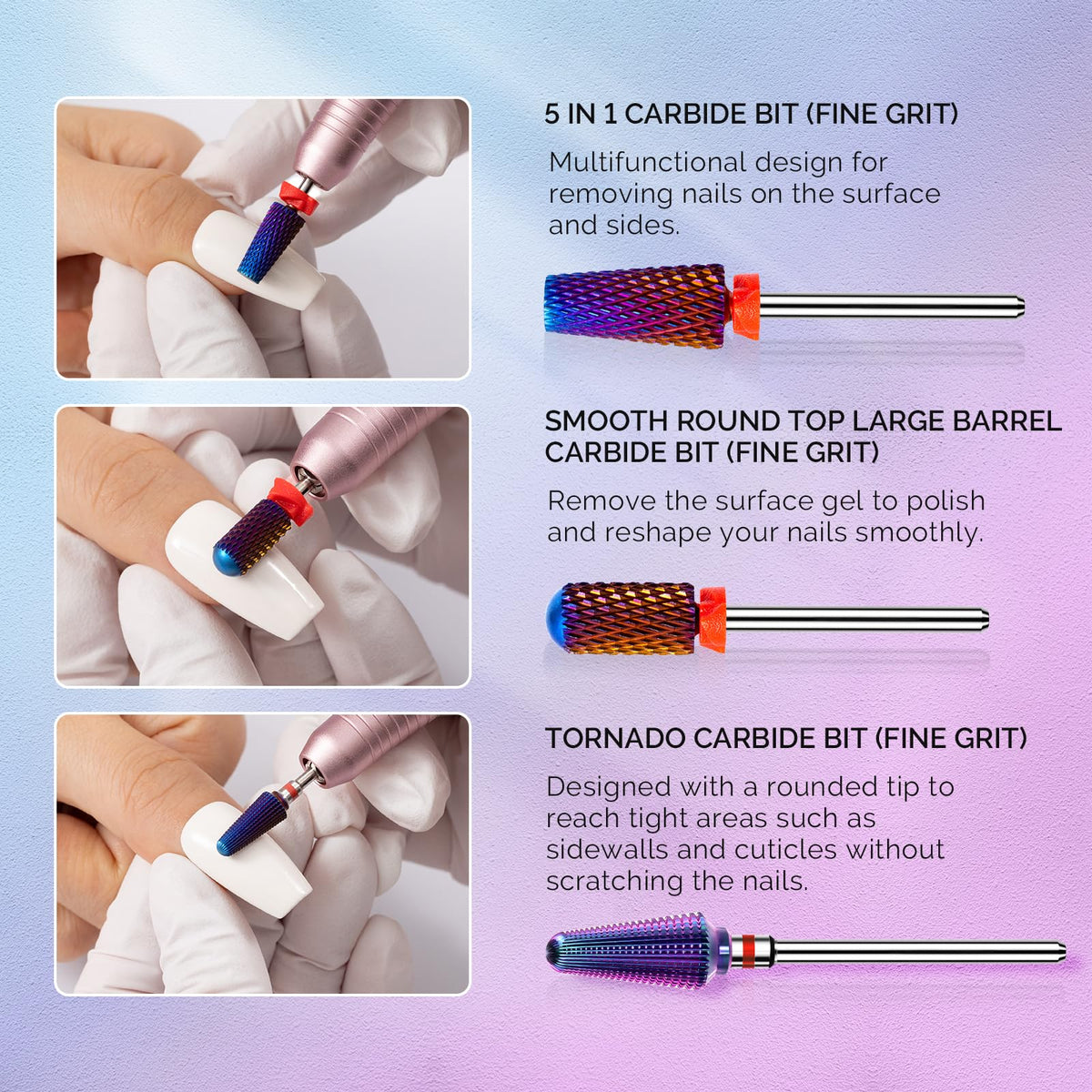 MelodySusie 5-in-1 cross-cut zones showing variable grit for staged removal