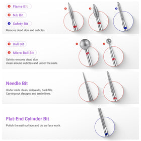MelodySusie basic steel bits array demonstrating precision for cuticle and detail work