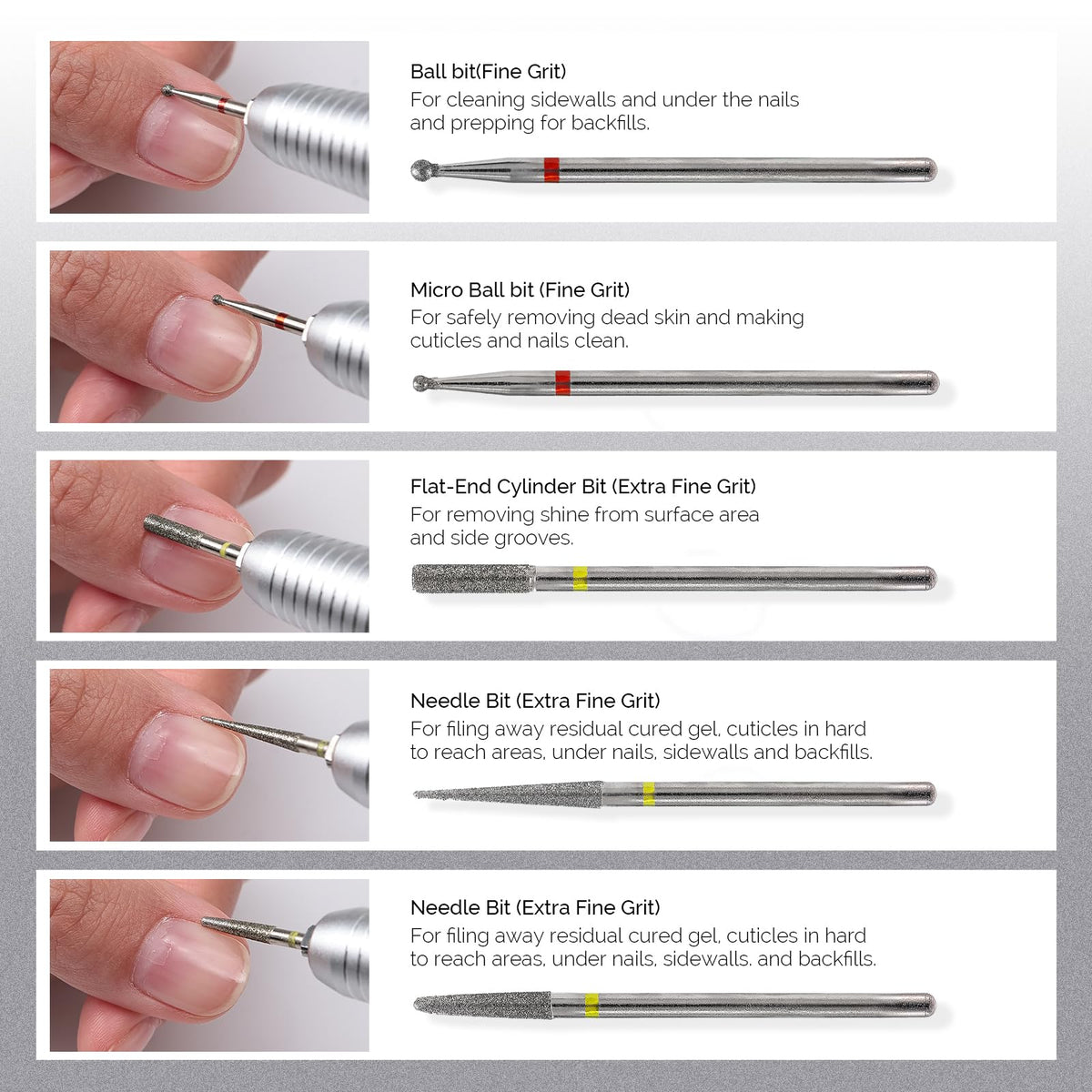 MelodySusie bit mounted in e-file during manicure showing controlled filing benefit