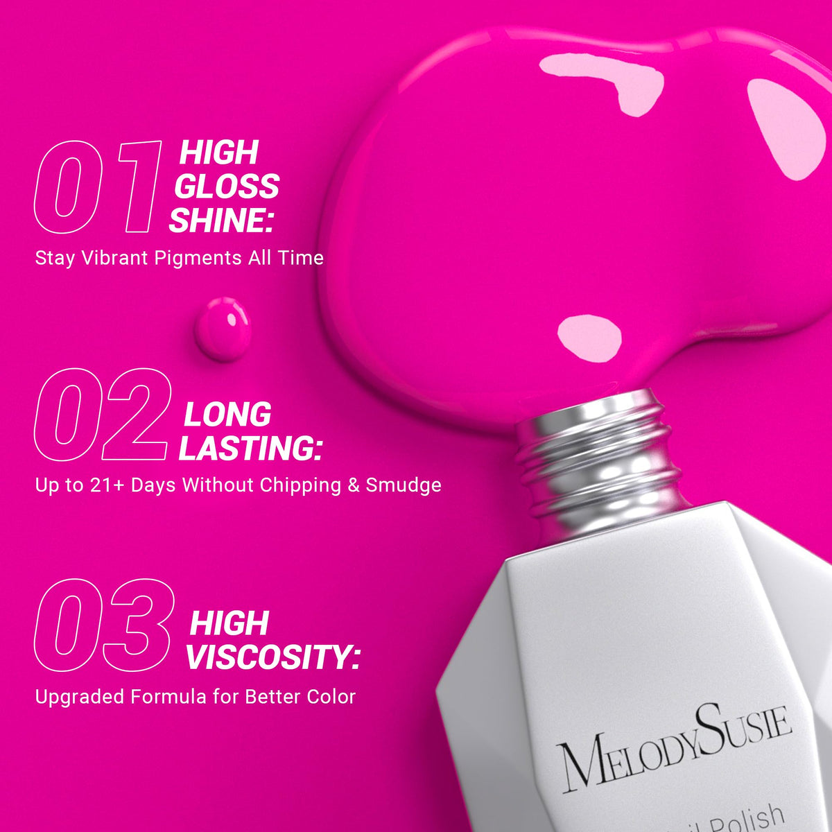 MelodySusie close-up of gel texture highlighting self-leveling glossy finish for professional shine