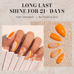 MelodySusie color swatches on nail tips illustrating neon orange vibrancy