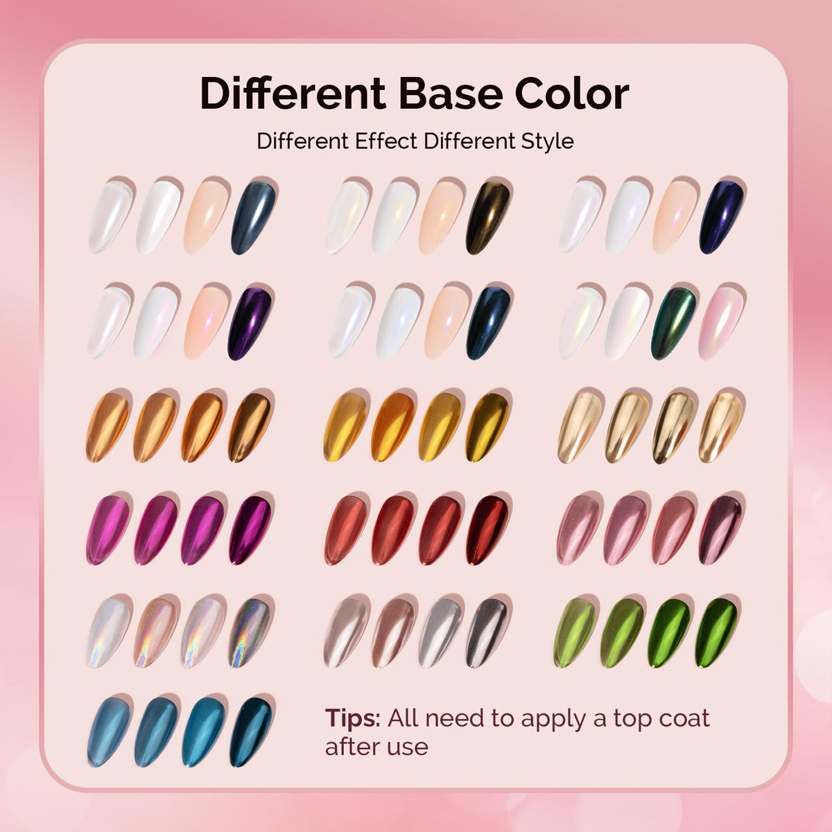 MelodySusie color swatches on nail tips showing metallic and pearl effects