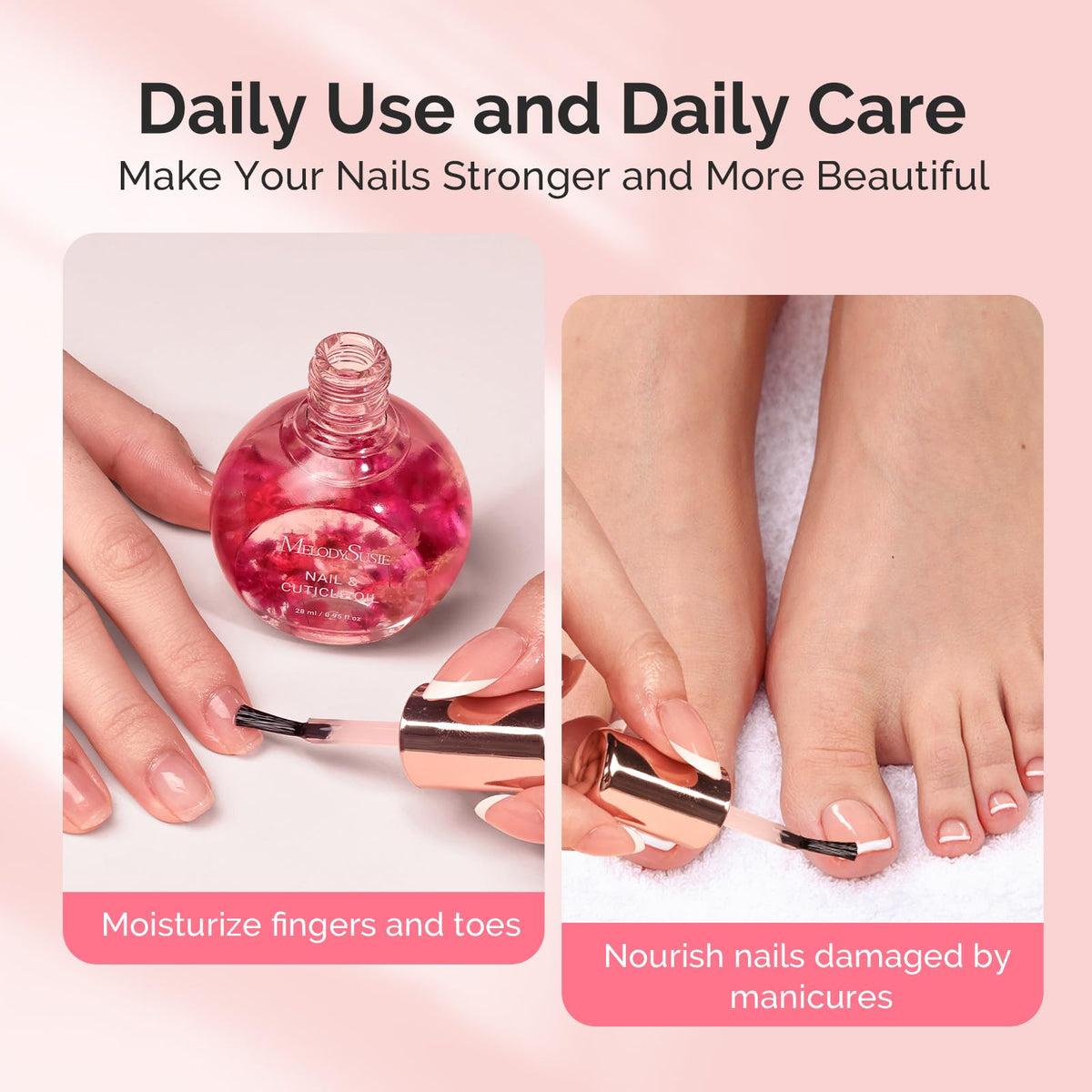 Dropper dispensing MelodySusie cuticle oil onto a nail for targeted moisturizing action