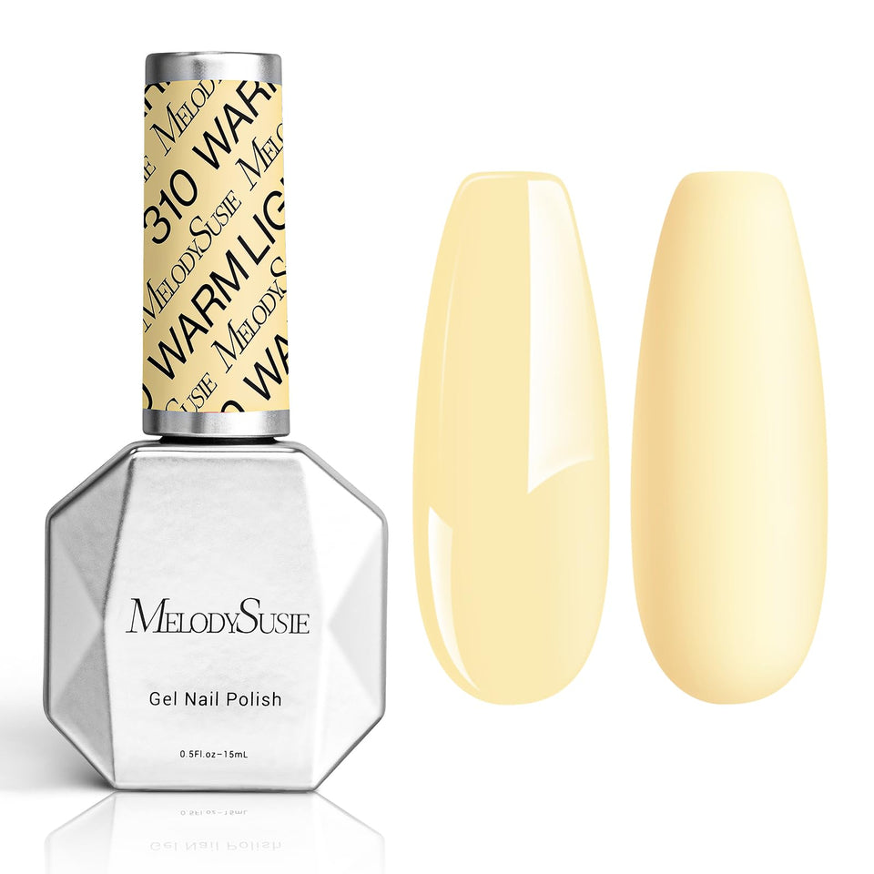 MelodySusie front bottle showing creamy pastel yellow shade and glossy finish benefit