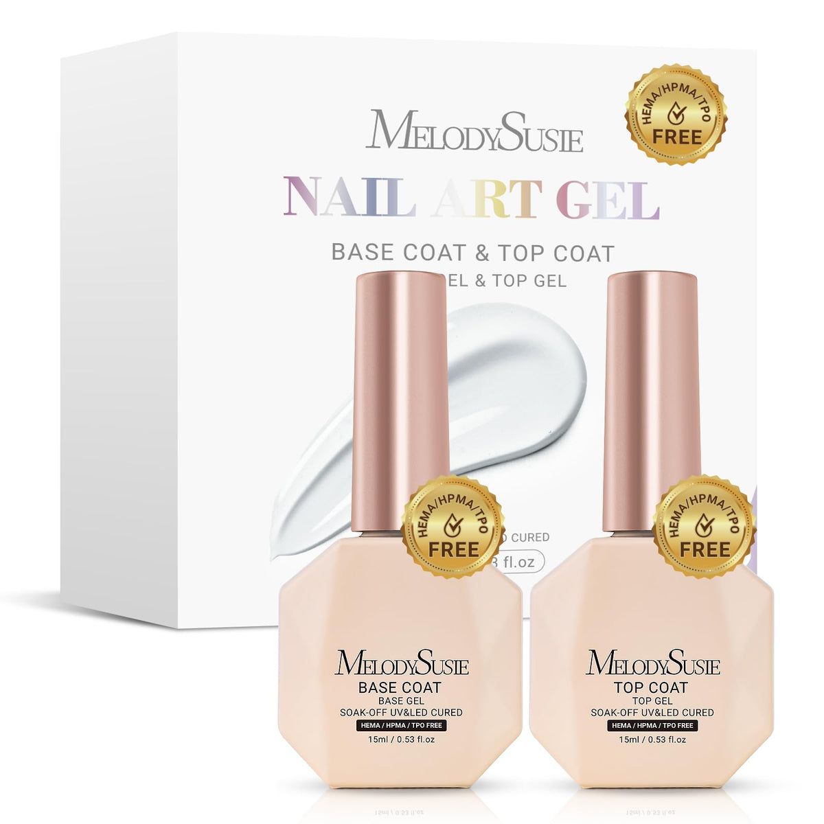 MelodySusie front packaging showing 15ml base and top set and clear benefits