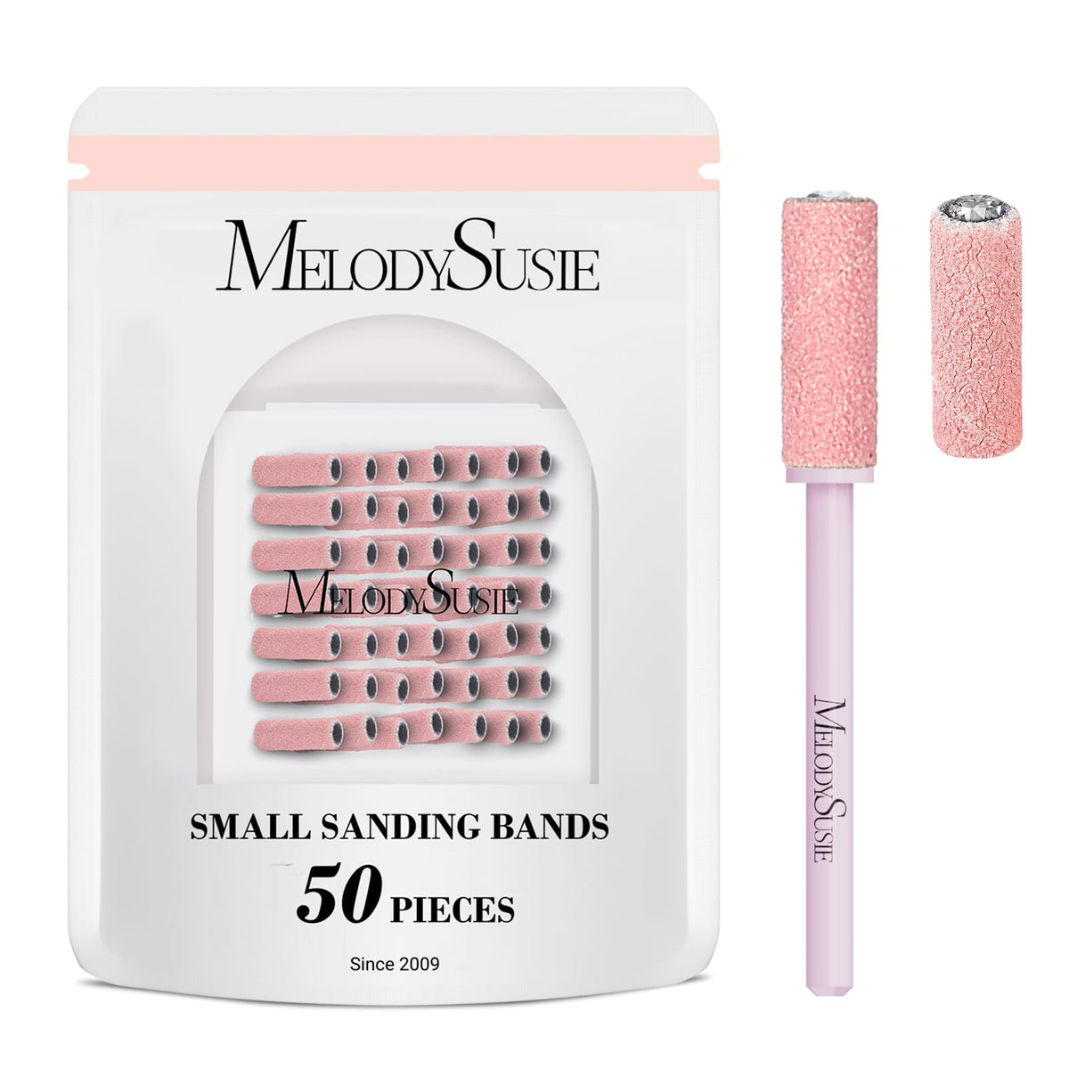 MelodySusie front packaging showing 50-piece pink sanding bands, tidy storage benefit