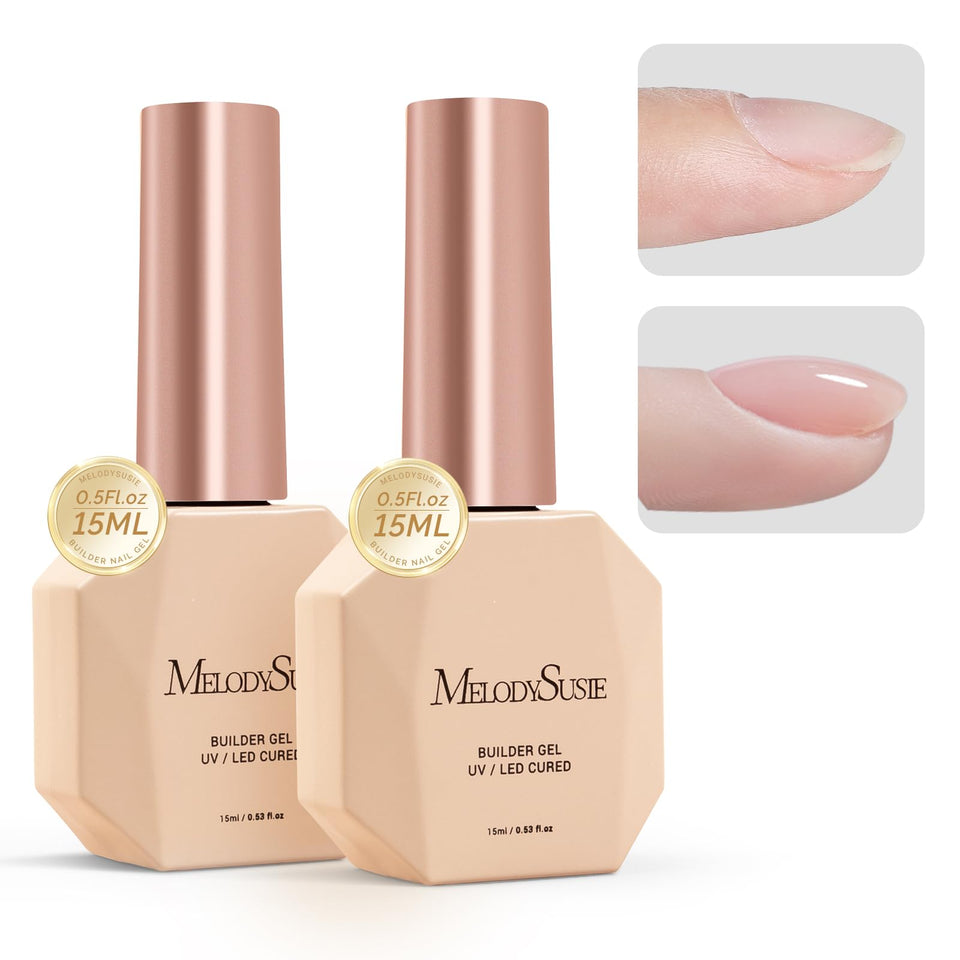MelodySusie front packaging showing two clear builder gel bottles for versatile nail use