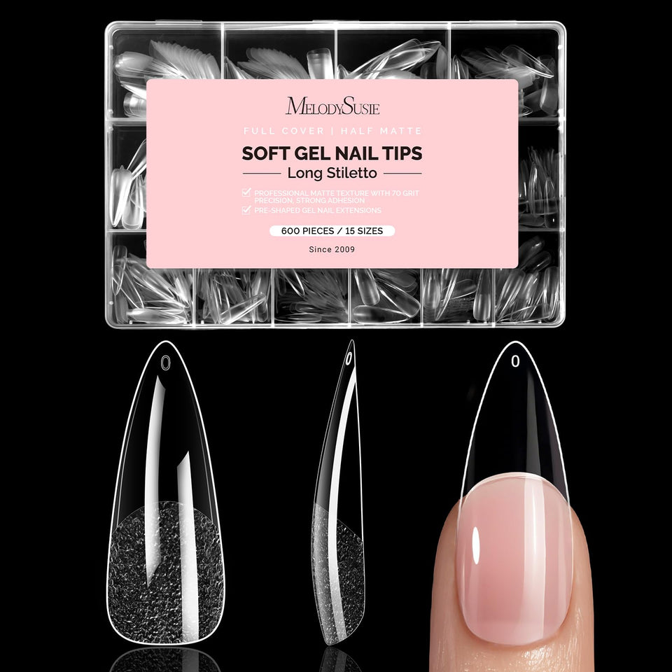 MelodySusie front packaging showing 600-piece long almond stiletto kit for convenience
