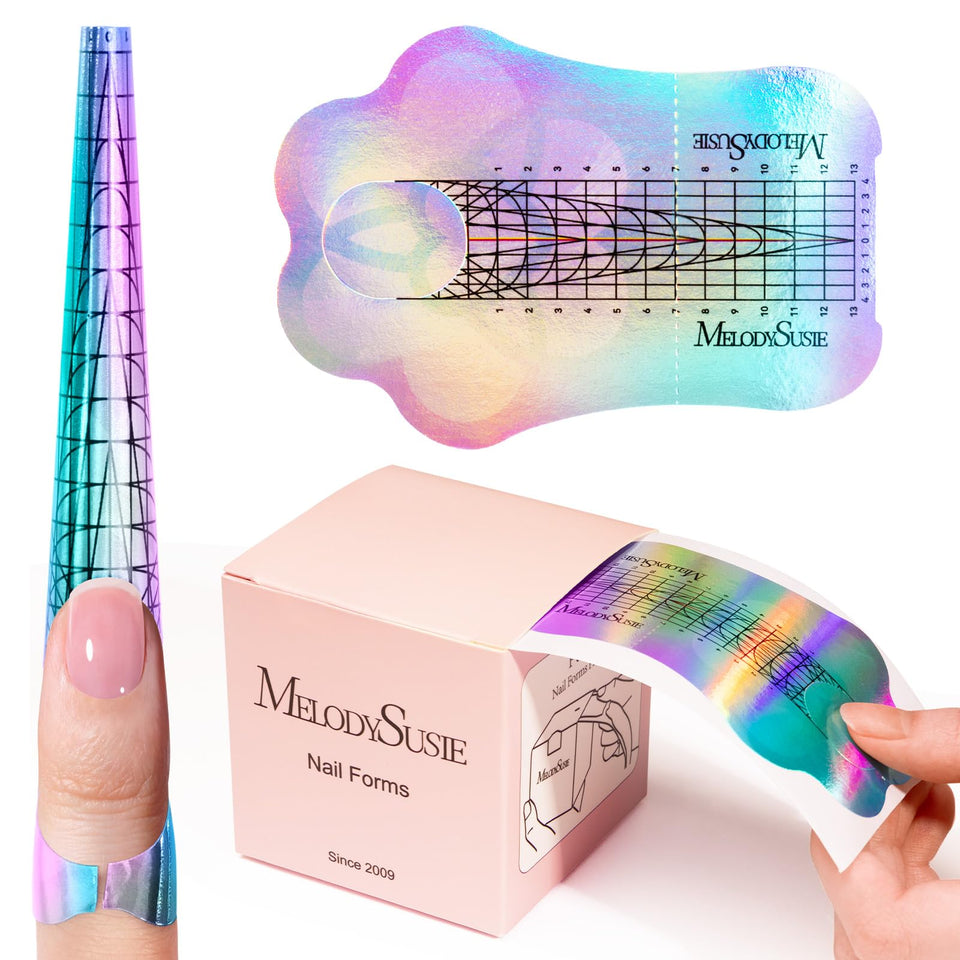 MelodySusie front packaging showing 100 nail forms and easy storage benefit