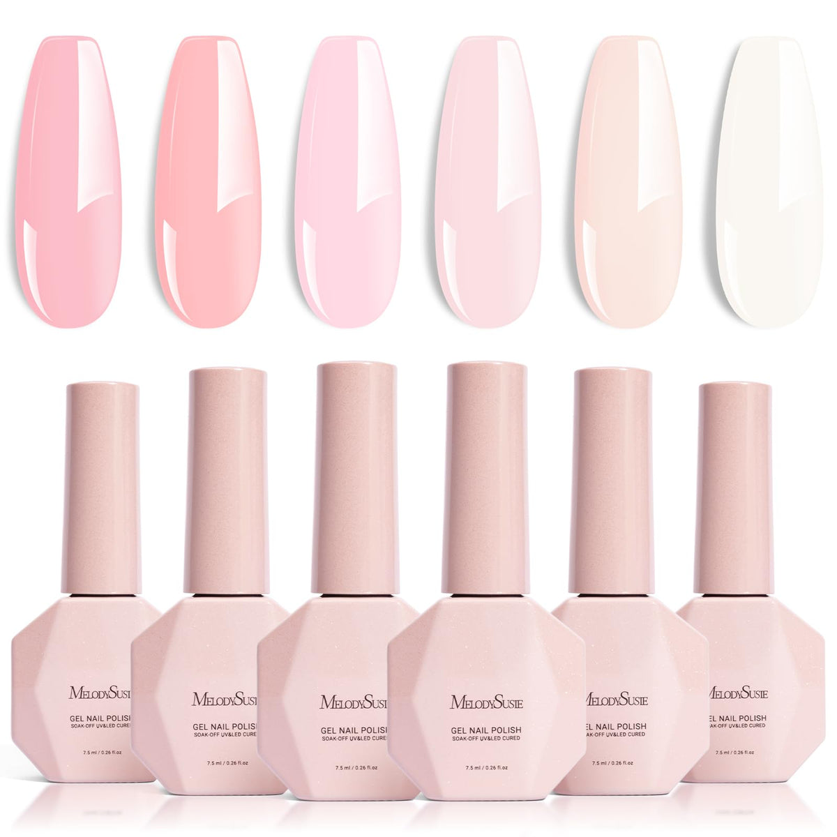 MelodySusie front packaging showing six pastel pink gel bottles, displays variety