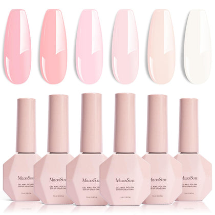MelodySusie front packaging showing six pastel pink gel bottles, displays variety