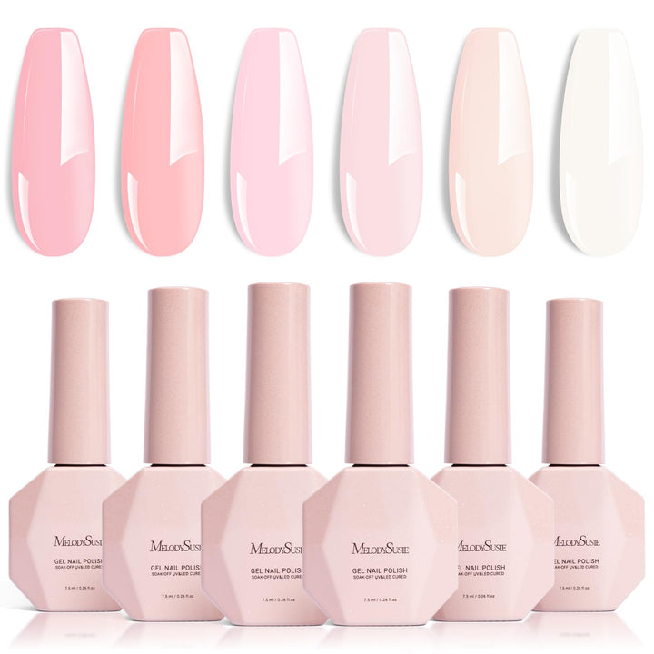 MelodySusie front packaging showing six pastel pink gel bottles, displays variety