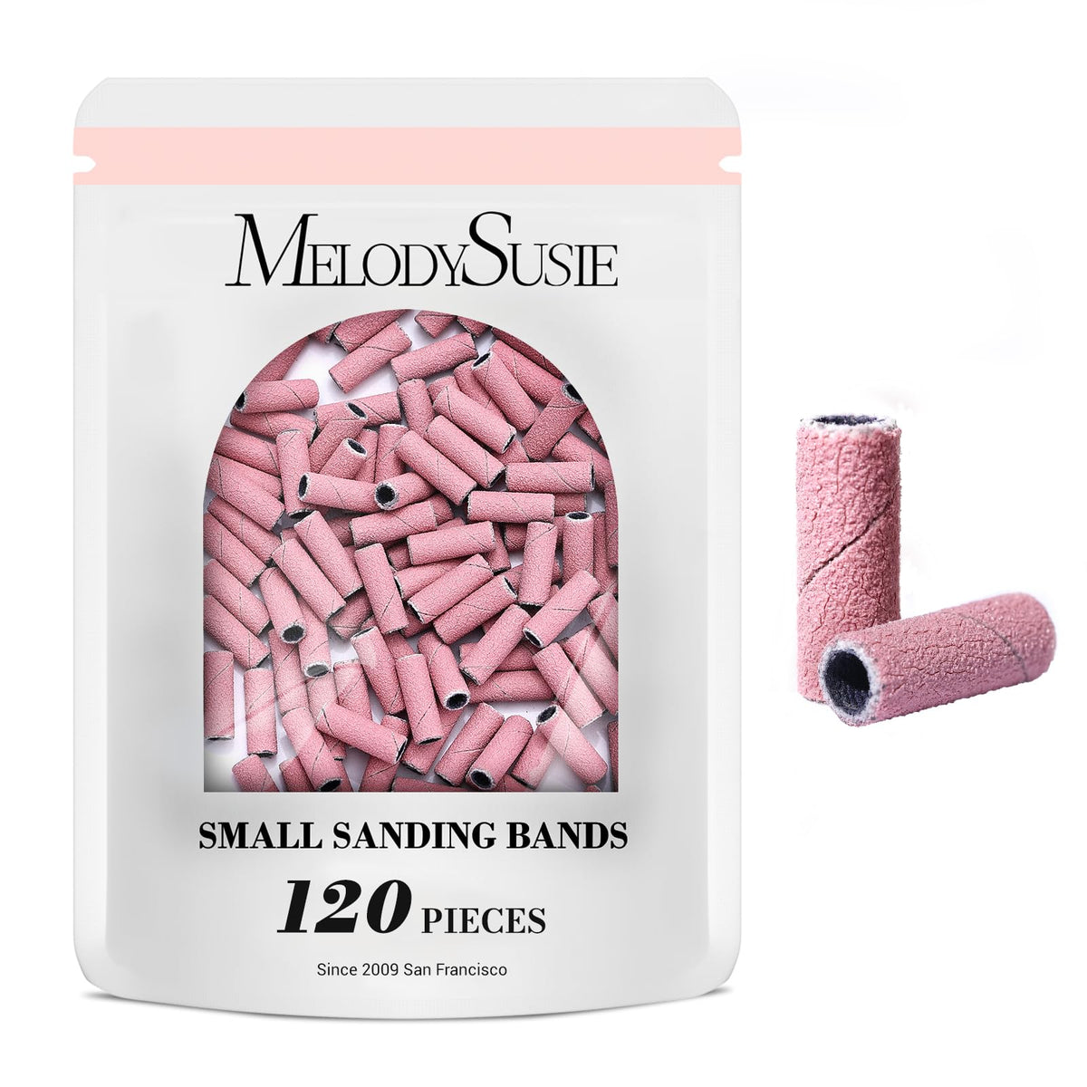 MelodySusie front packaging pink bulk showing 120 sanding bands and clear container benefit: large refill pack