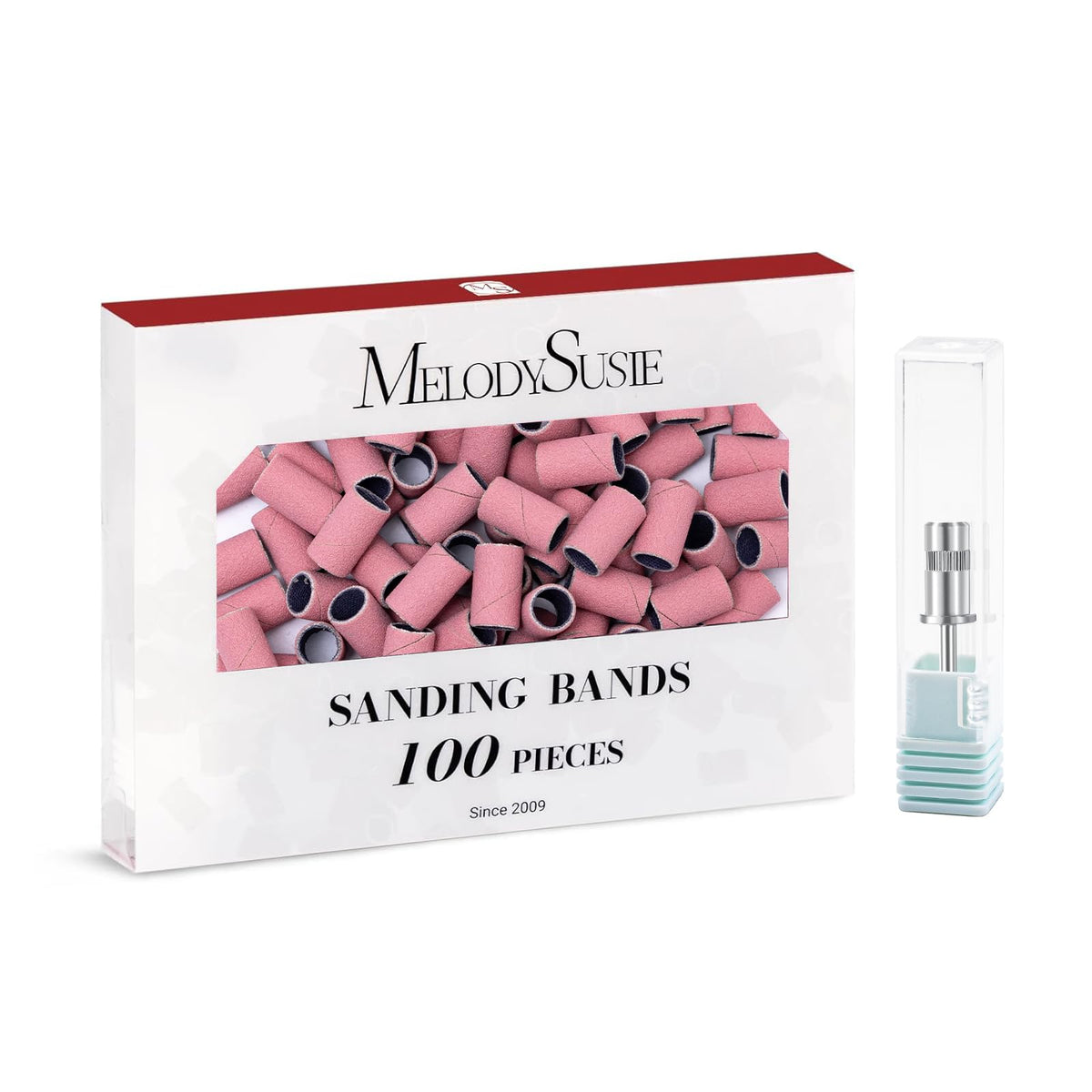 MelodySusie front pack of pink sanding bands showing 100 pieces and brand