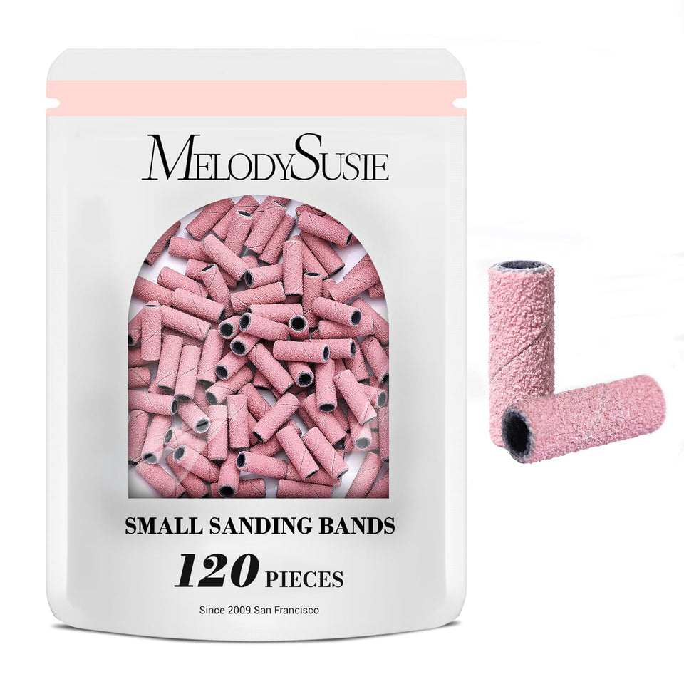 MelodySusie front packaging showing 120 pink sanding bands and clear quantity benefit