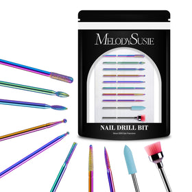 MelodySusie front view of rainbow 10-piece nail drill bits kit, clear organization benefit