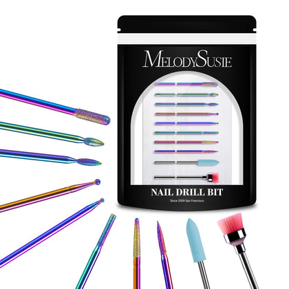 MelodySusie front view of rainbow 10-piece nail drill bits kit, clear organization benefit